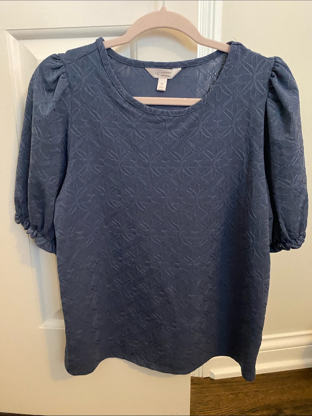 LC Lauren Conrad Slate Blue Puff Sleeve Eyelet Blouse